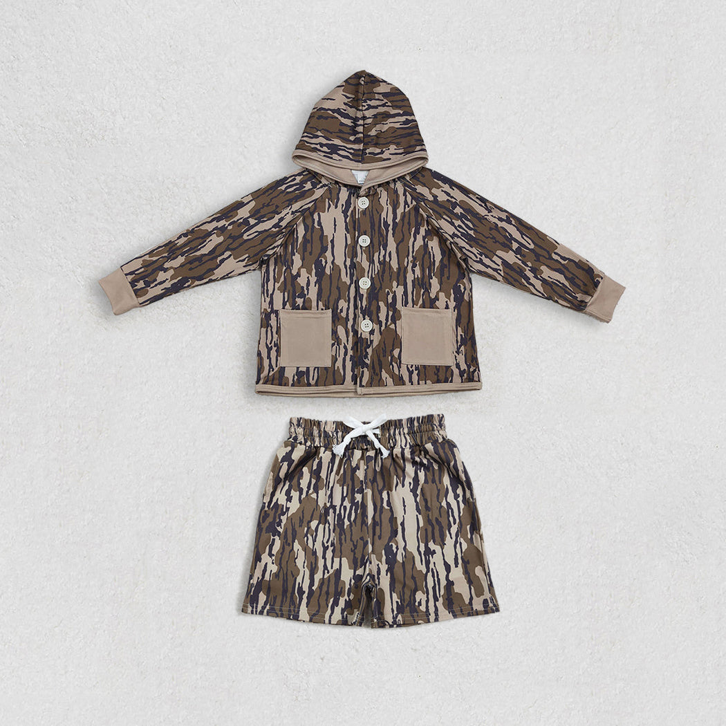 Sibling Baby Boys or Girls Camo Buttons Hoodie Top With Pocket Shorts Set