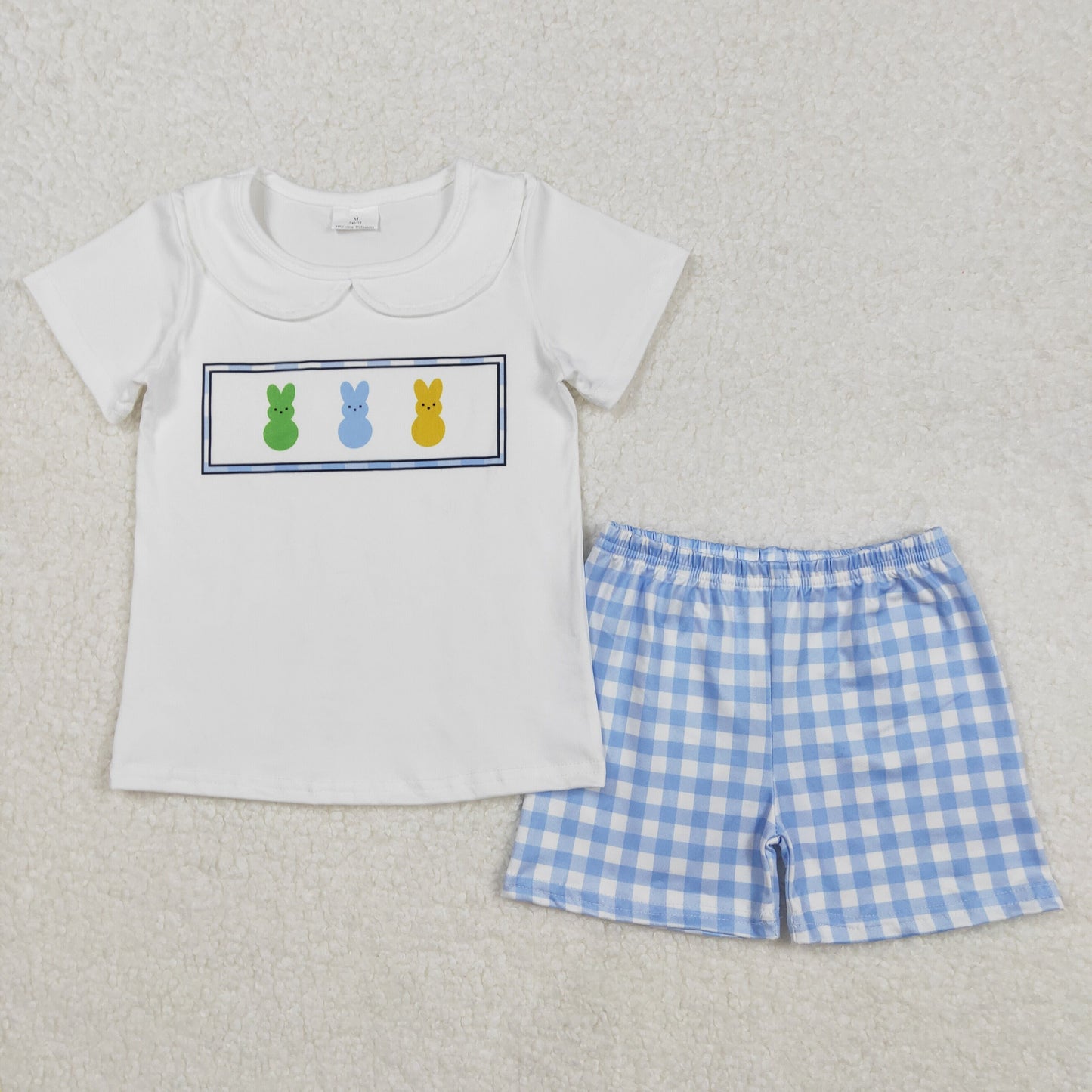Baby Boys White Short Sleeves Bunny Top Blue Plaid Shorts Easter Set