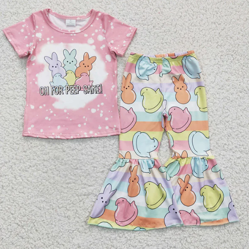 Baby Girls Pink Short Sleeves Bunny Chicks Top Stripe Bell Bottom Pant Easter Set