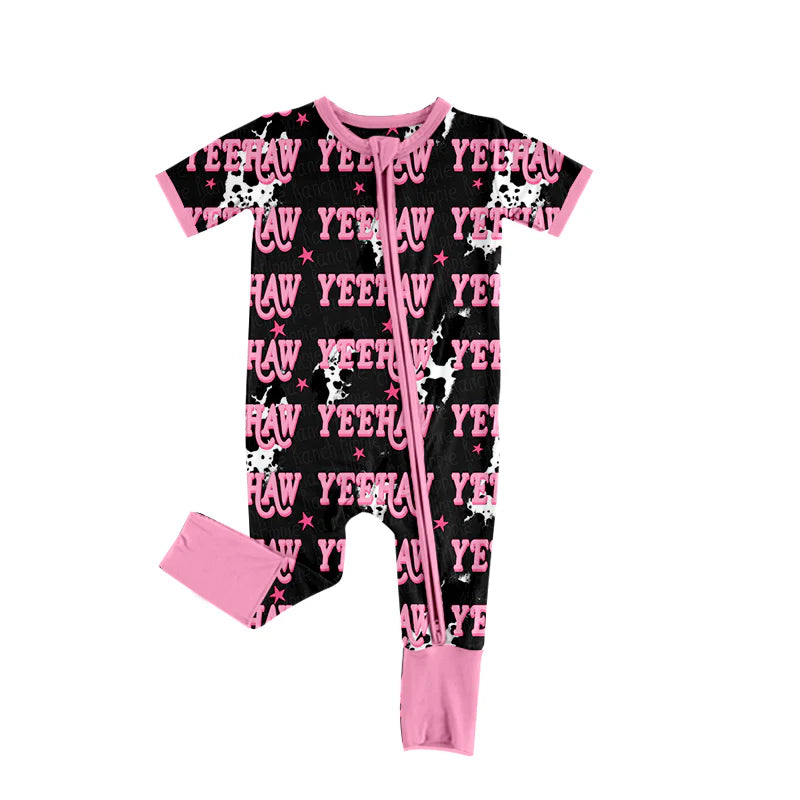 Preorder , 5 MOQ Baby Girls Cow Print Lights Yeehaw Western Zipper Footie Rompers