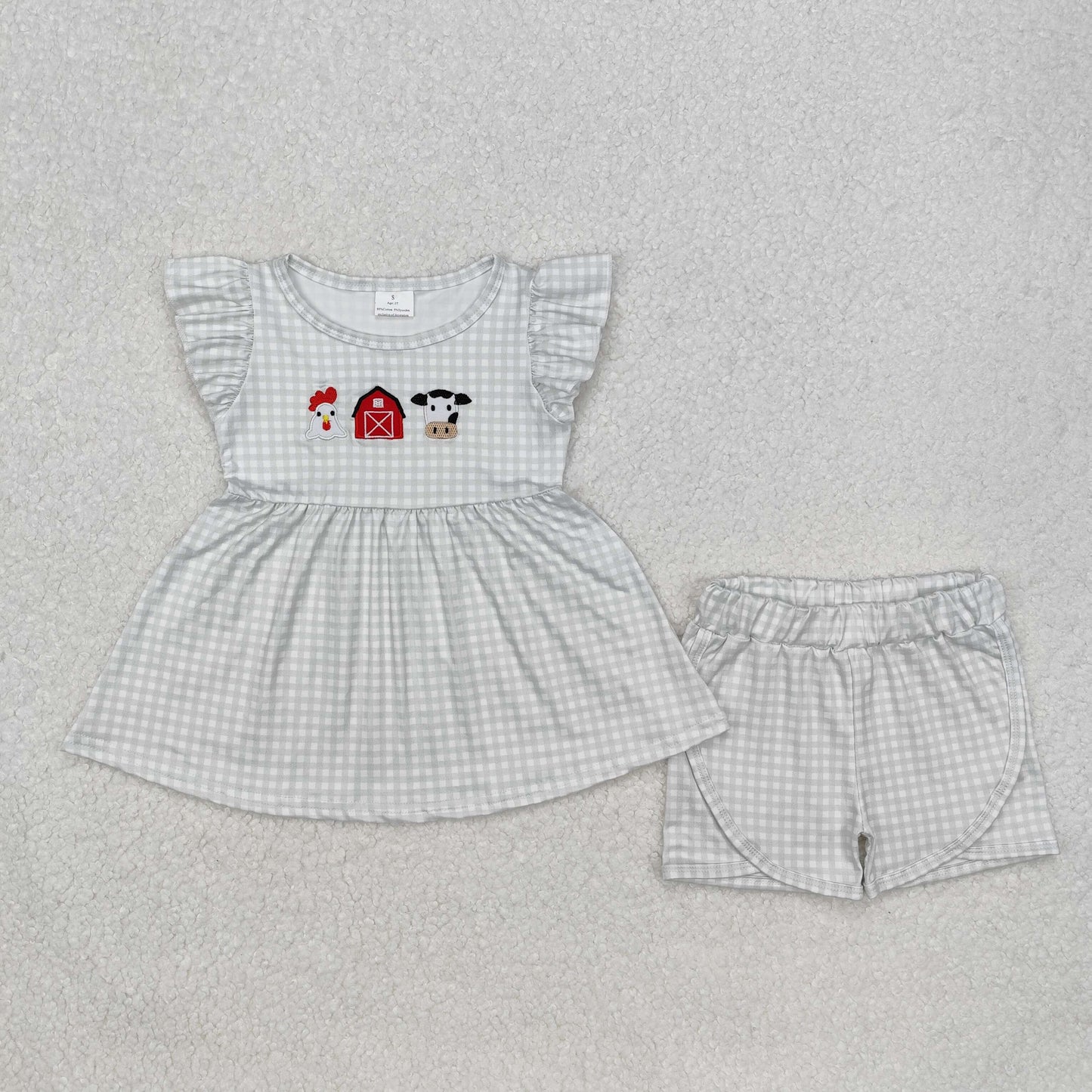 Baby Girls Cute Farm Chicken Cow Green Gingham Shorts Set