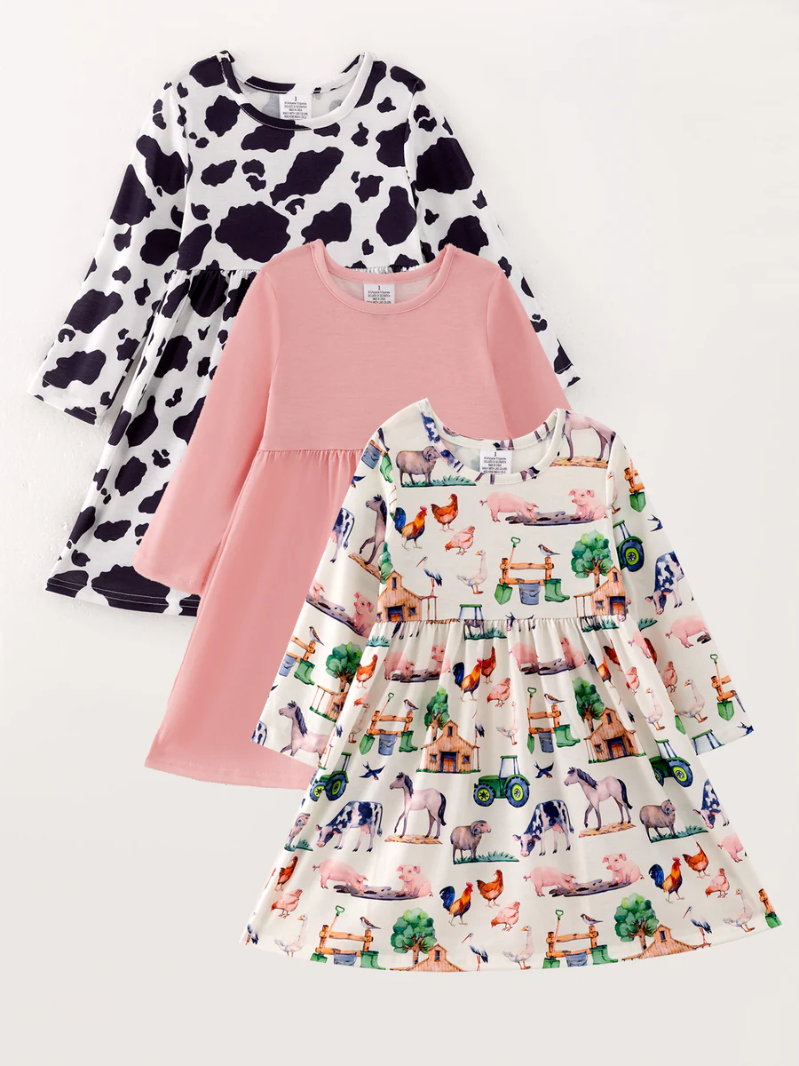 Baby Girls Cow Print Long Sleeve Dress 5 MOQ Preorder
