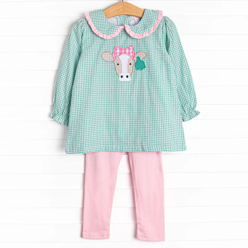 Baby Girls Cow Green Gingham Top Pink Leggings Set 5 MOQ Preorder