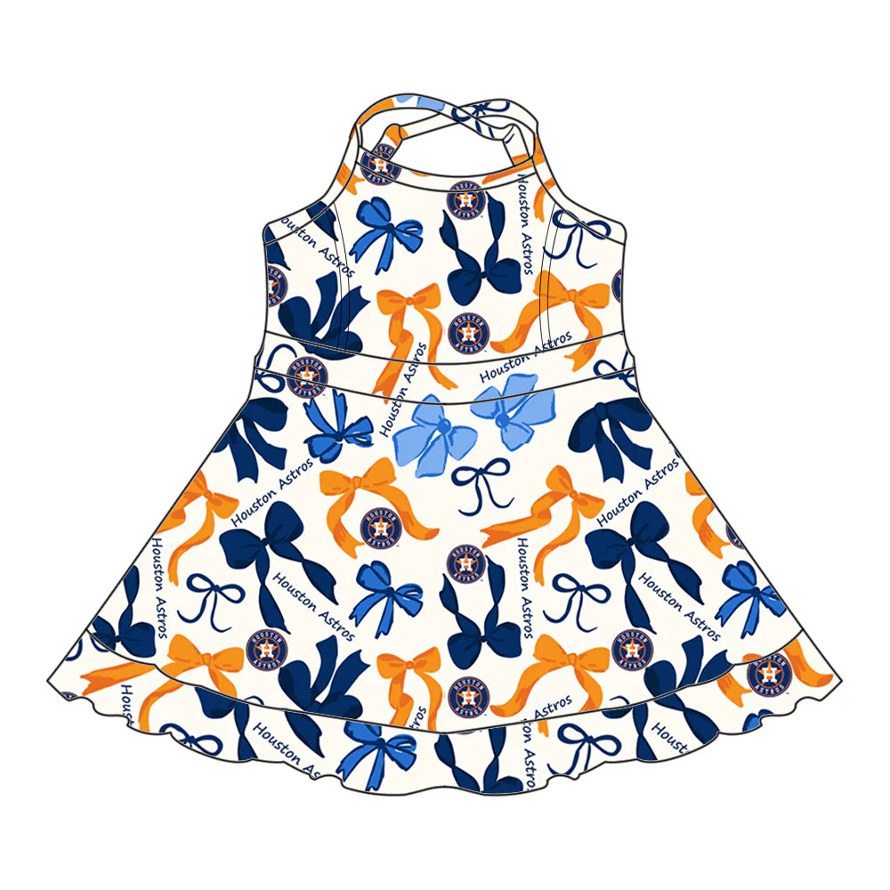 Baby Girls Blue Orange Bows Plaid Houston Astros Dresses (moq 5)