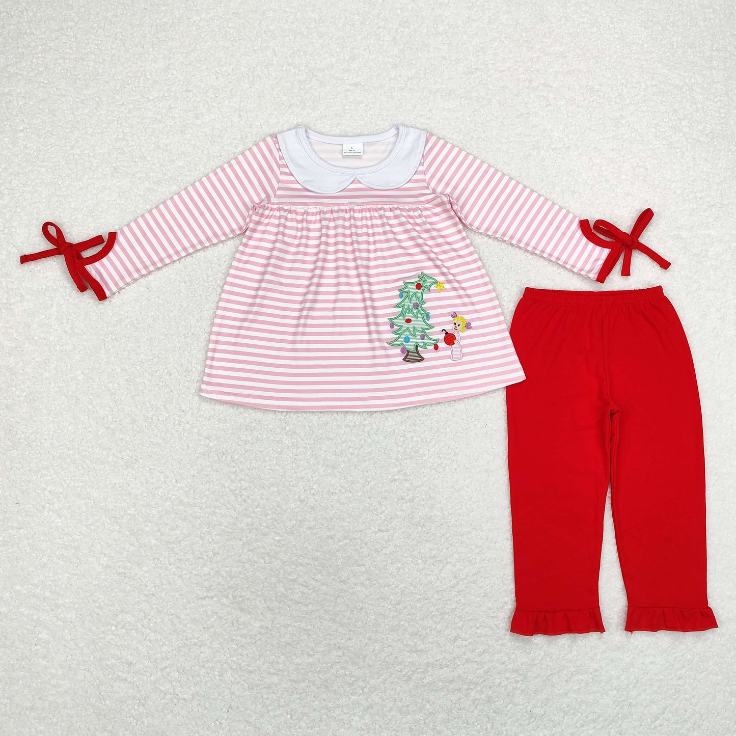 Baby Girls Christmas Embroidery Tree Pink Top Red Pants Outfit