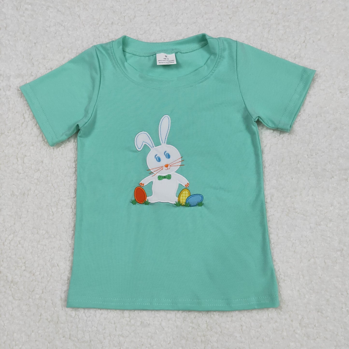 Baby Boys Aqua Short Sleeves Embroidery Bunny Easter Shirts Top