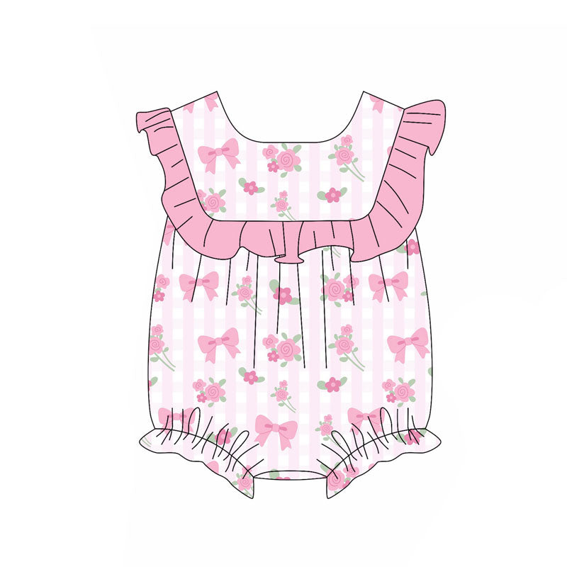 Preorder , 5 MOQ Baby Girls Pink Bow Flowers Romper Preorder