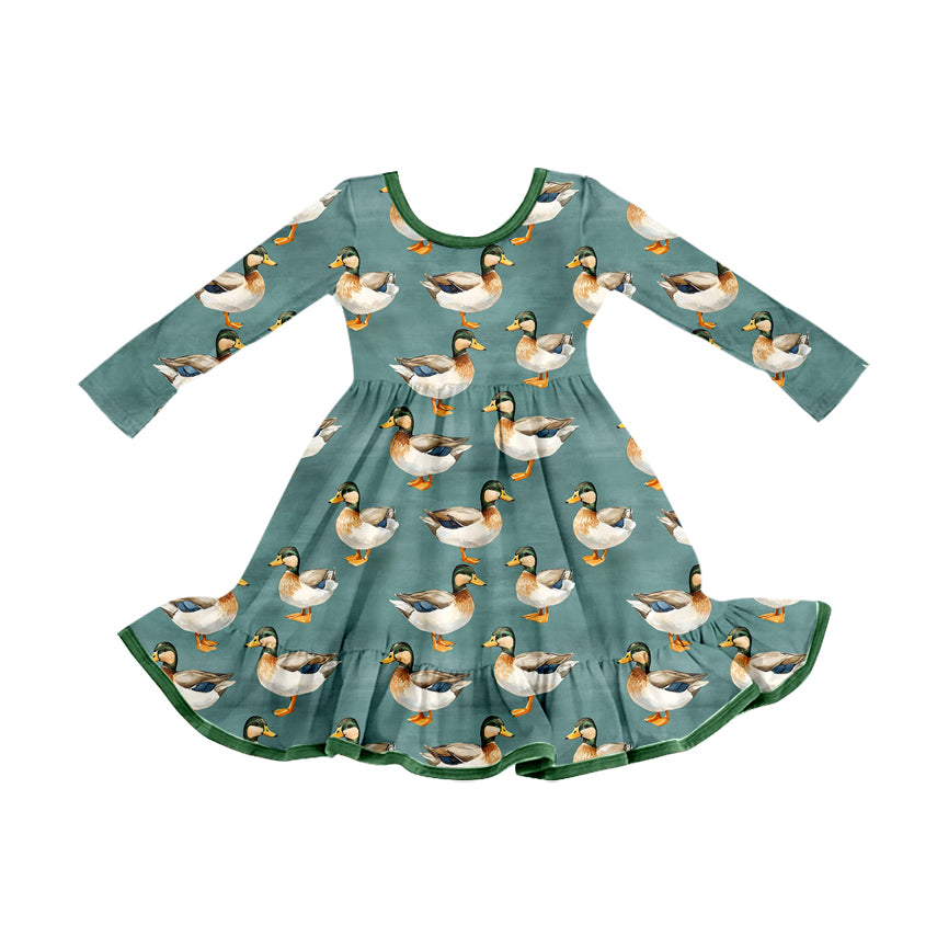 20 MOQ Preorder Baby Girls Duck Green Long Sleeve Bamboo Dress