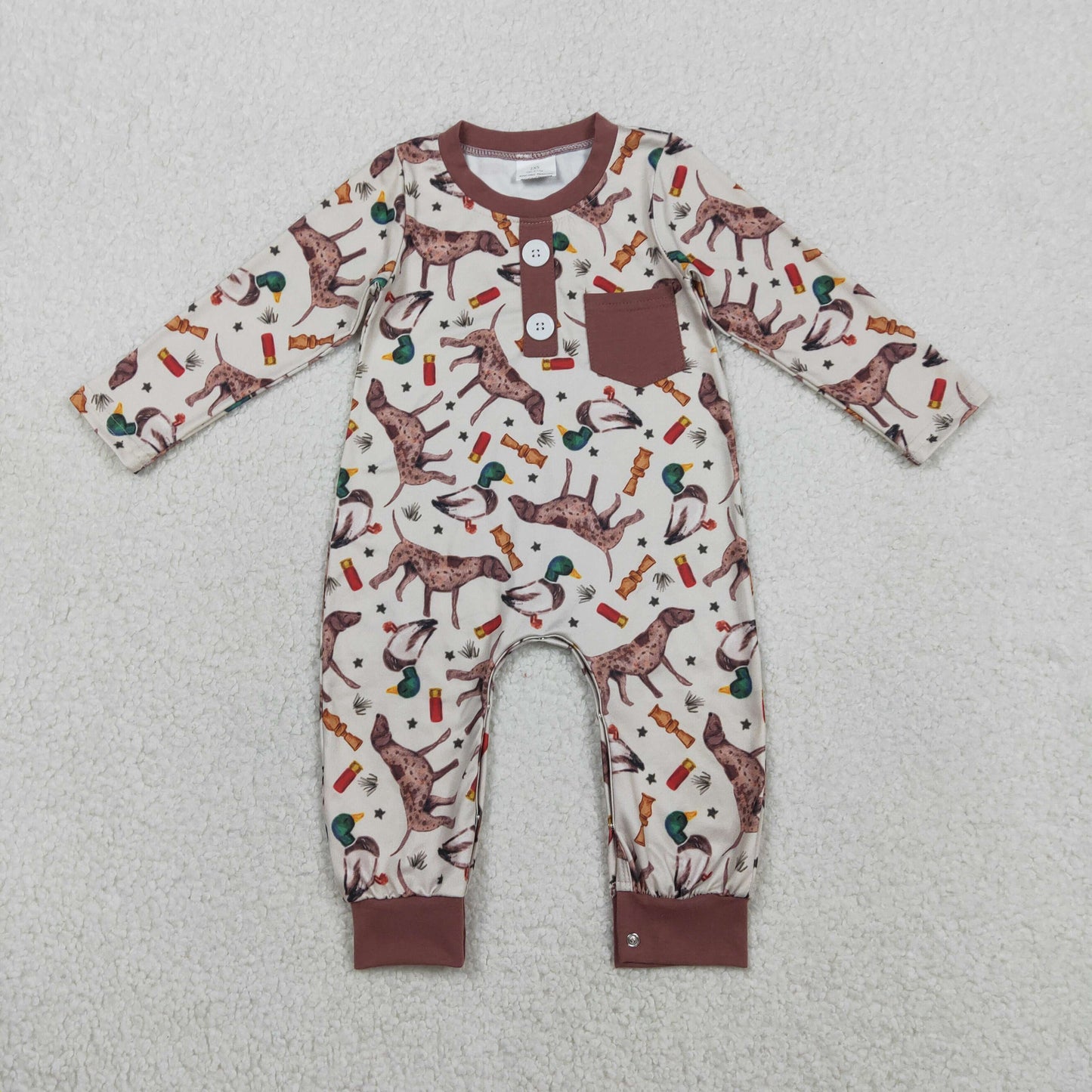 LR2576 Baby Boys Hunting Duck Long Sleeve Romper With Pocket