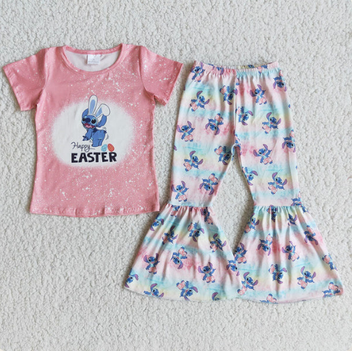 Baby Girls Pink Short Sleeves Cartoon Bunny Top Bell Bottom Pant Easter Set