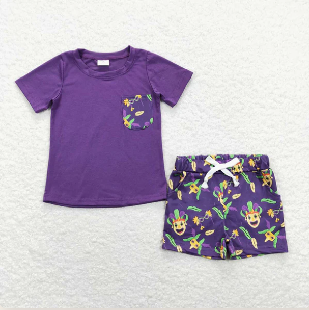 Baby Boys Purple Short Sleeves Pocket Top Glass Shorts Mardi Gras Set