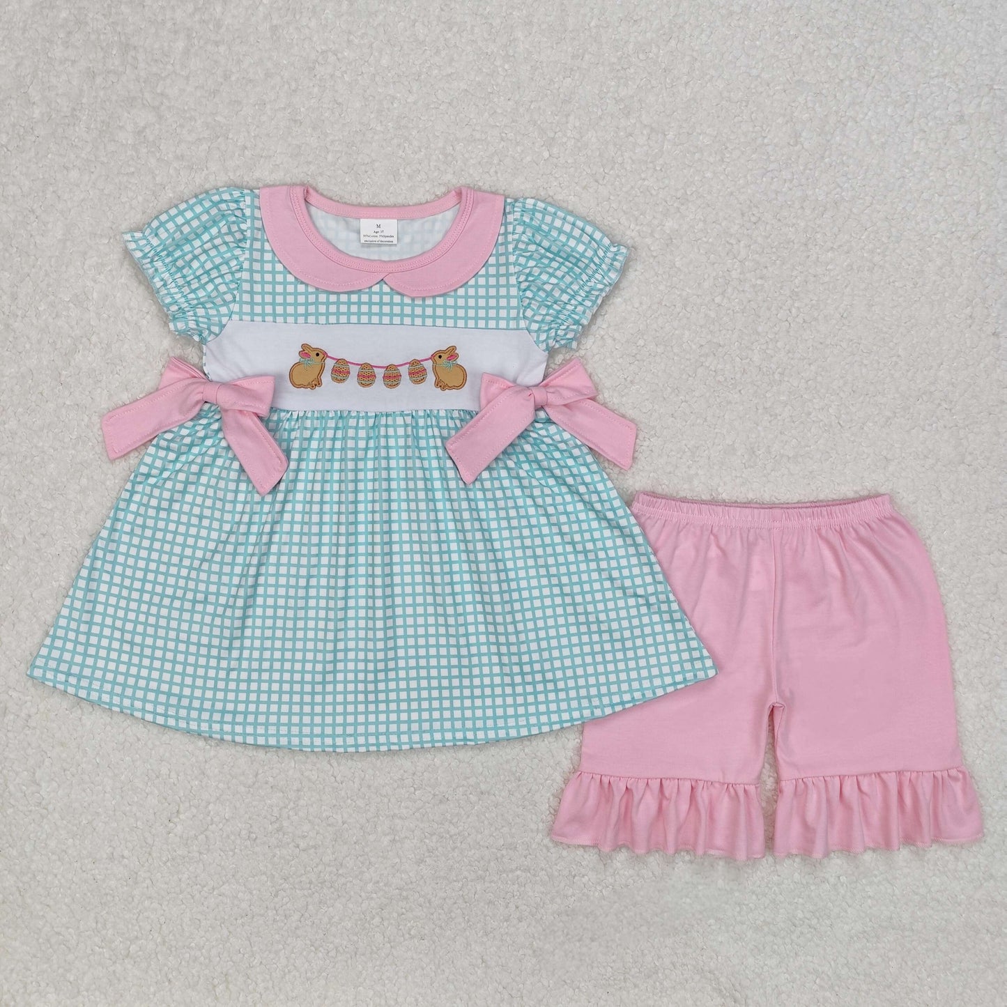 Baby Girls Aqua Plaid Short Ruffle Sleeves Embroidery Bunny Eggs Tunic Pink Ruffle Short Easter Set