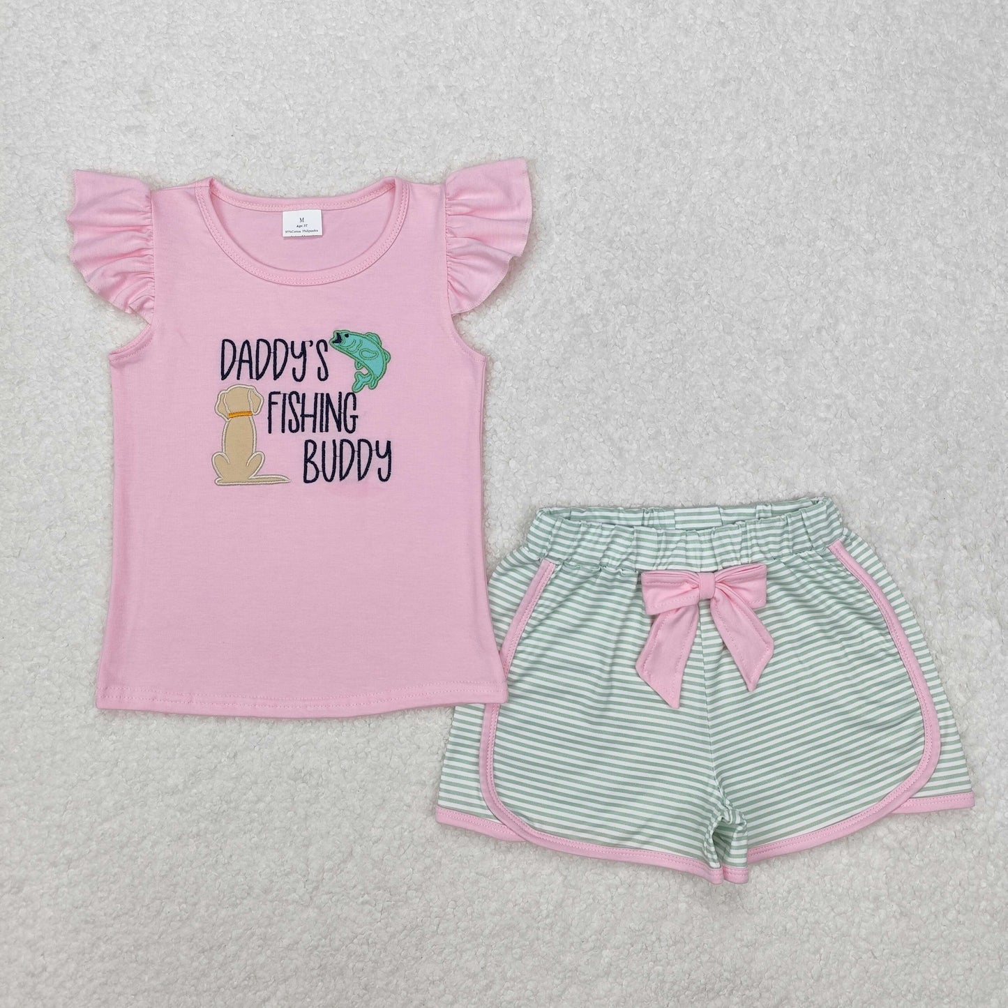Baby Girls Pink Flutter Sleeves Embroidery Fishing Dog Top Aqua Stripe Shorts Set