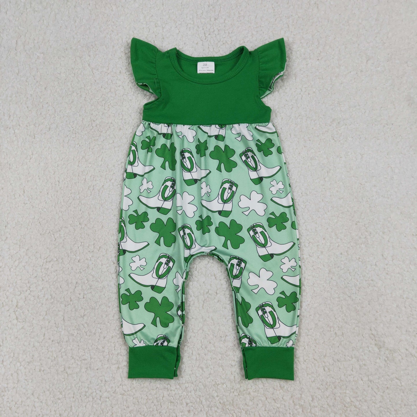 SR3783 Baby Girls Saint Patrick Shamrock boots Green Romper