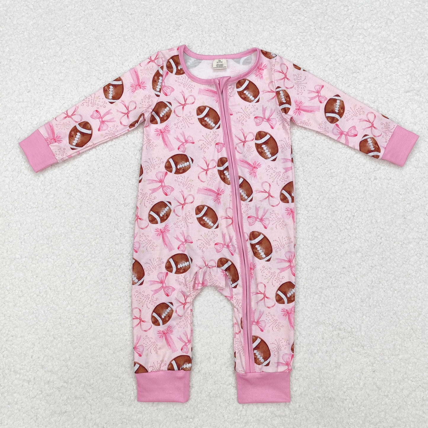 Newborn Baby Girls Pink Bow Football Zipper Bamboo Romper