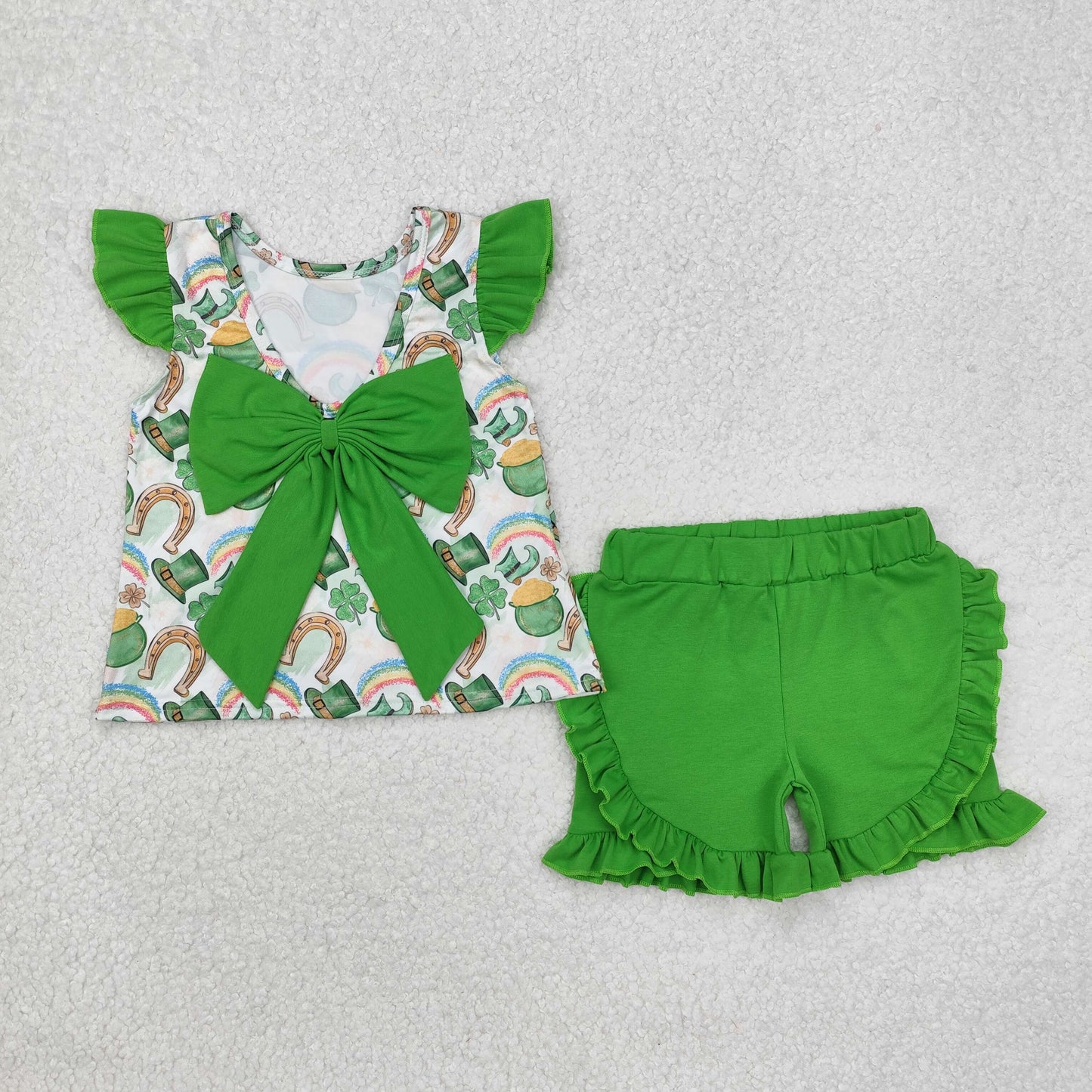 Baby Girls Aqua Flutter Sleeves Clovers Print Top Ruffle Short St Patrick Set