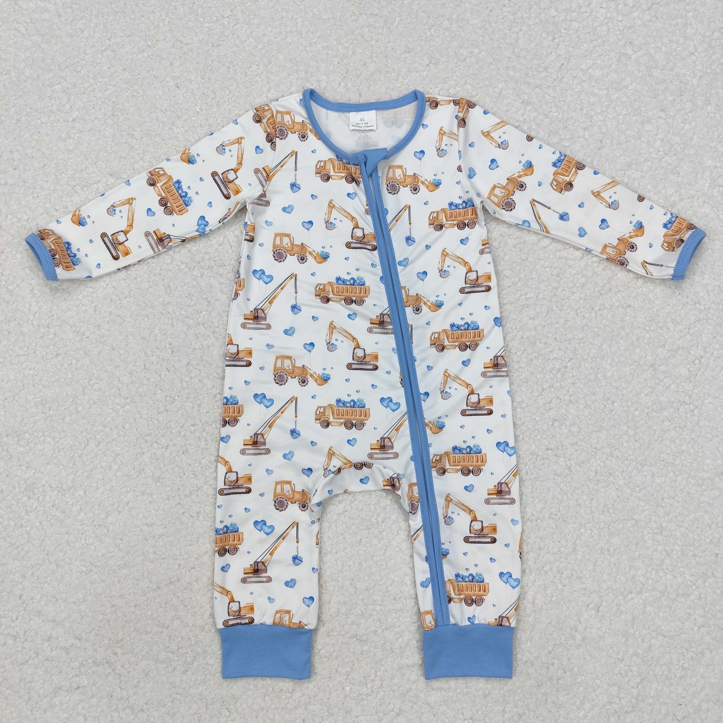 Newborn Baby Boys Blue Heart Construction Ziper Romper Preorder
