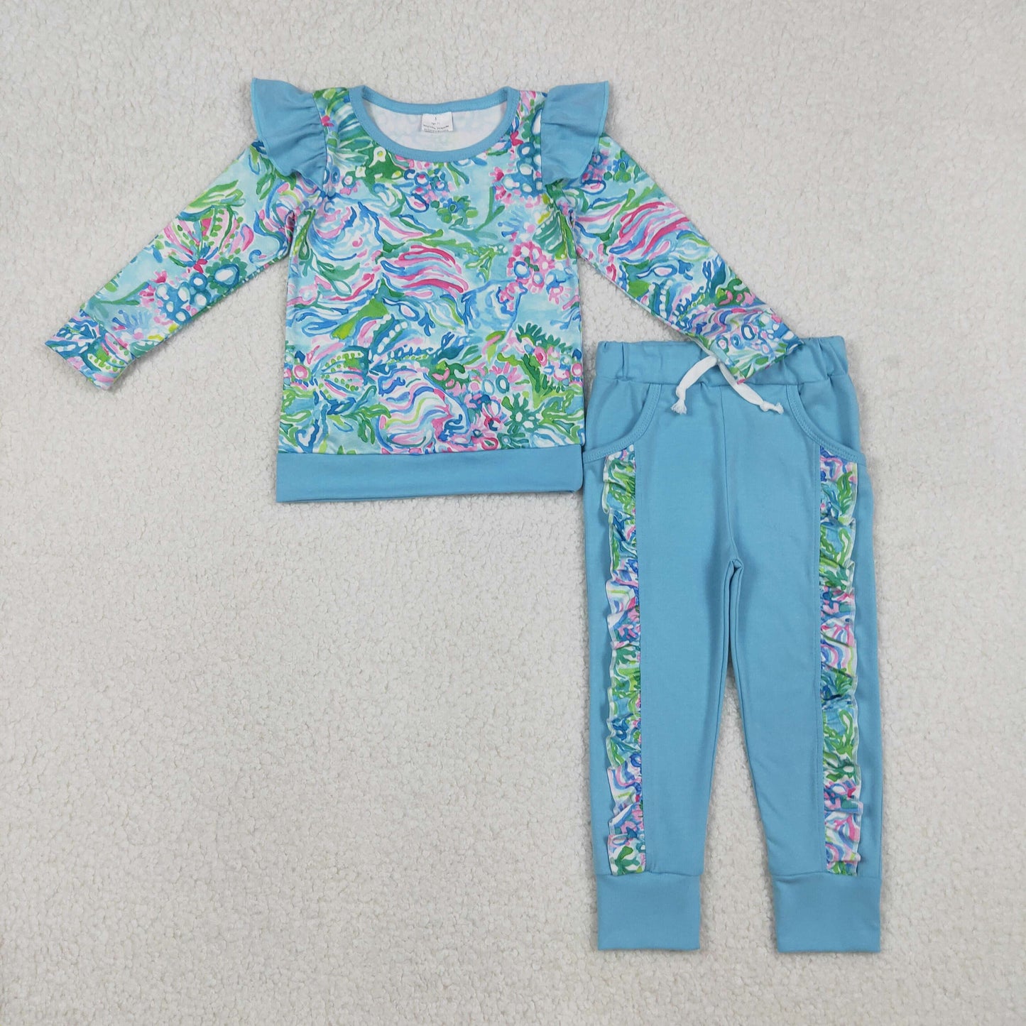 GLP2832 Kids Girls Floral Top With Blue Pants Set