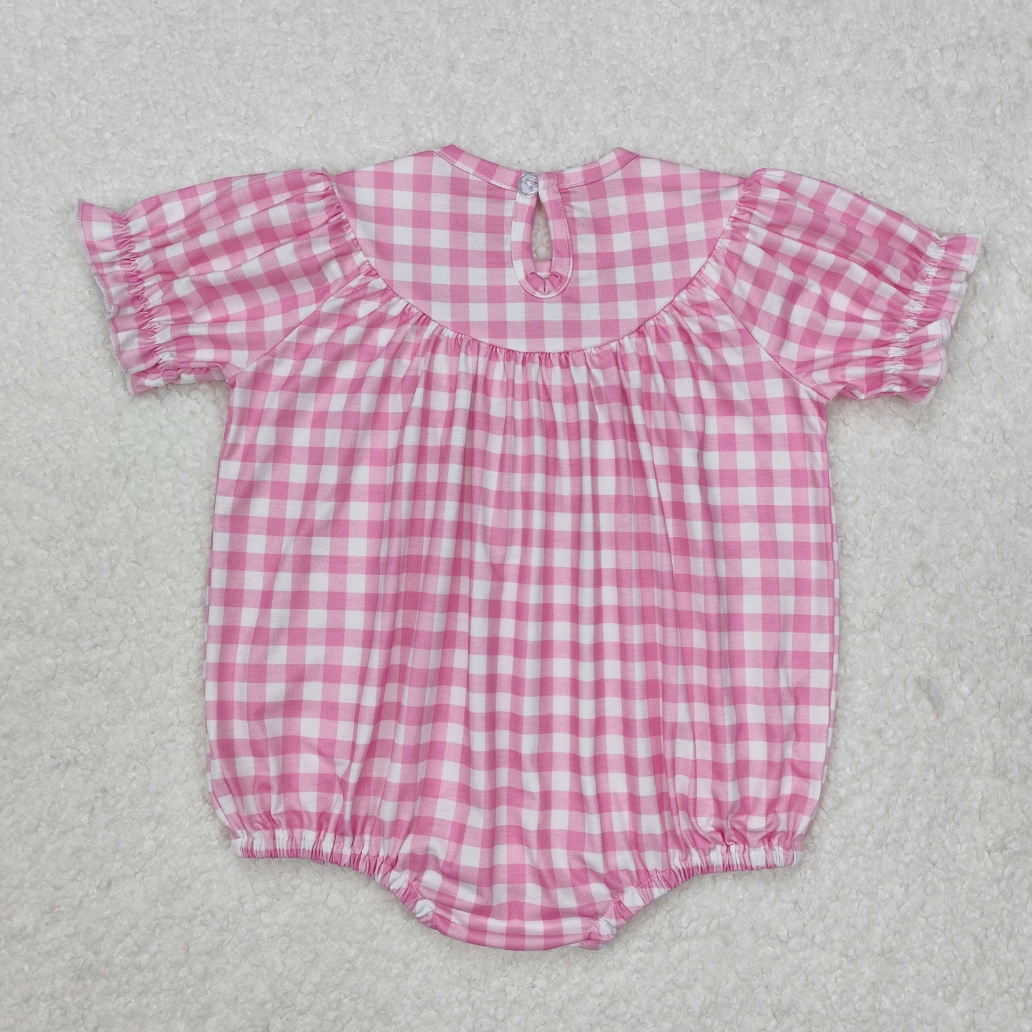 Baby Girls Pink Plaid Short Ruffle Sleeves Embroidery Bows Smocked Romper