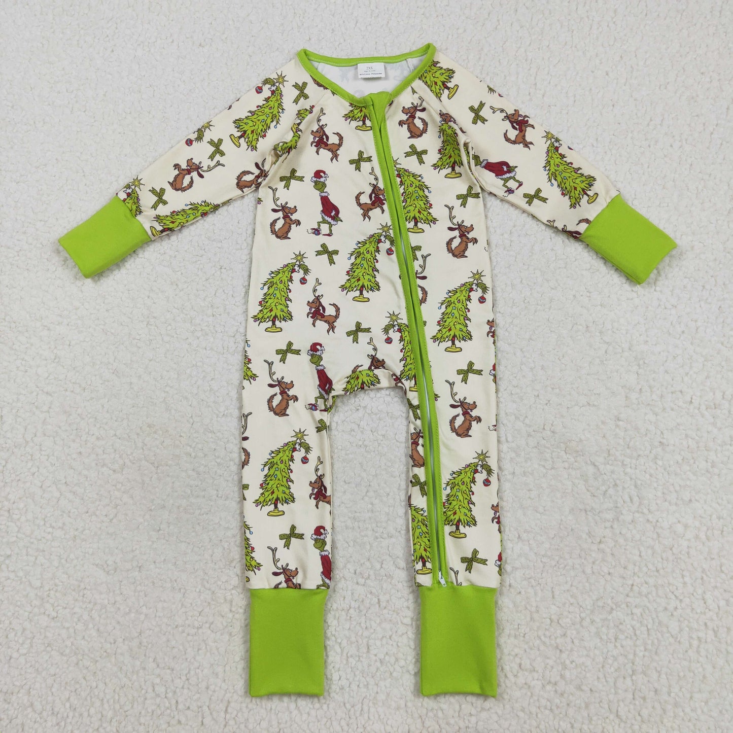 LR2481 Baby Christmas Tree Grinc Long Sleeve Zippy Footed Romper