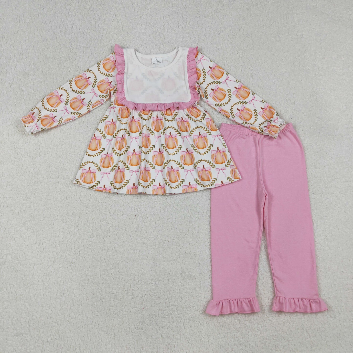 GLP2427 Kids Girls Fall Pumpkin Bow Tunic Top With Ruffle Pants Outfit