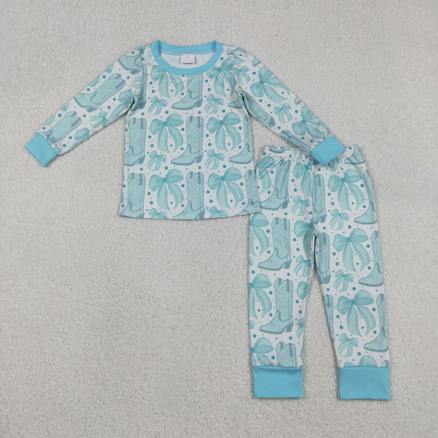 GLP2732 Kids Girls Western Blue Bow Boots Long Sleeve Pajama Set
