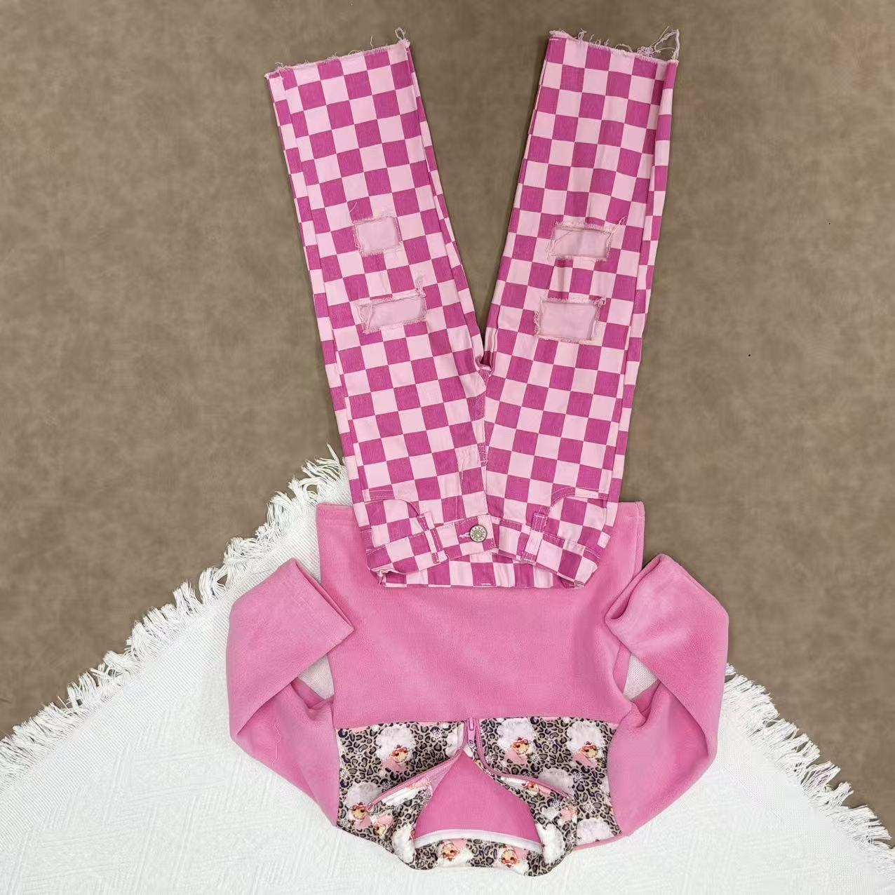 Baby Girls Warm Bow Print Pullover Top With Denim Pants Outfit