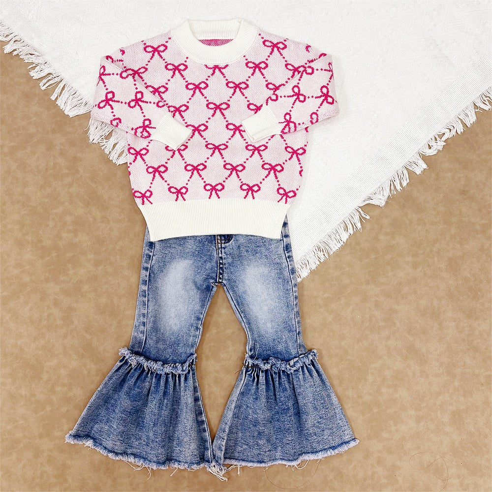 Toddler Girls Pink Bow Sweater Top With Denim Pants Outfit