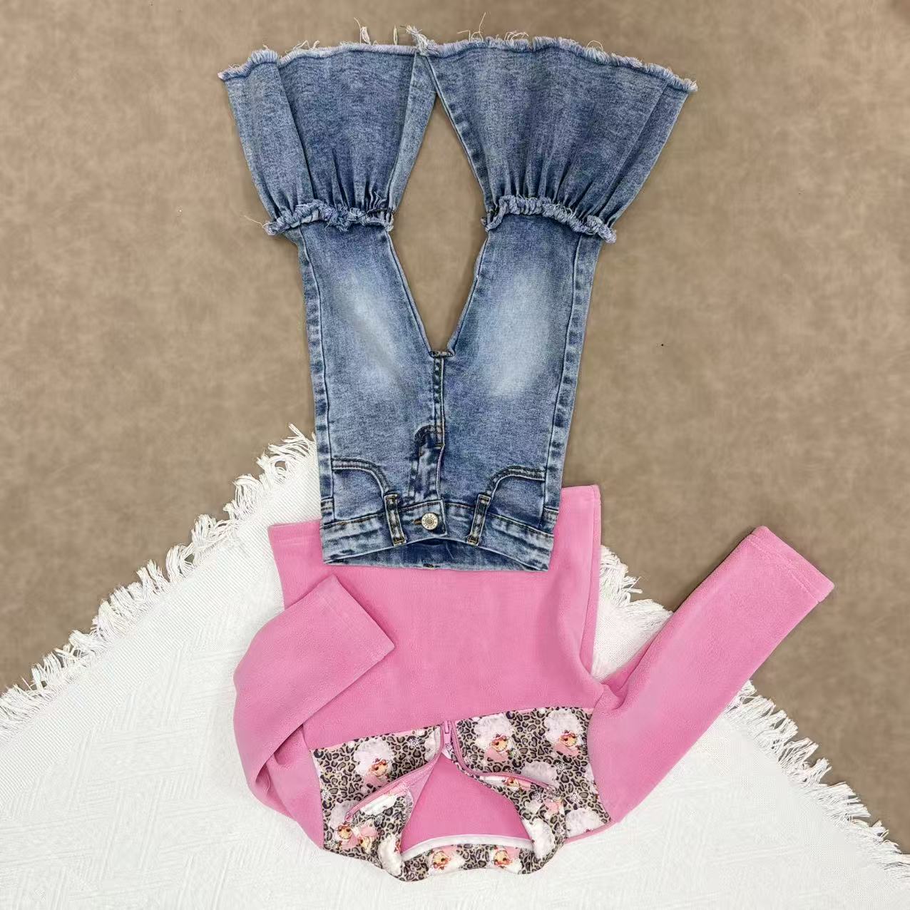 Baby Girls Christmas Santa Pink Zipper Pullover Sherpa Tops +Denim Pants Set