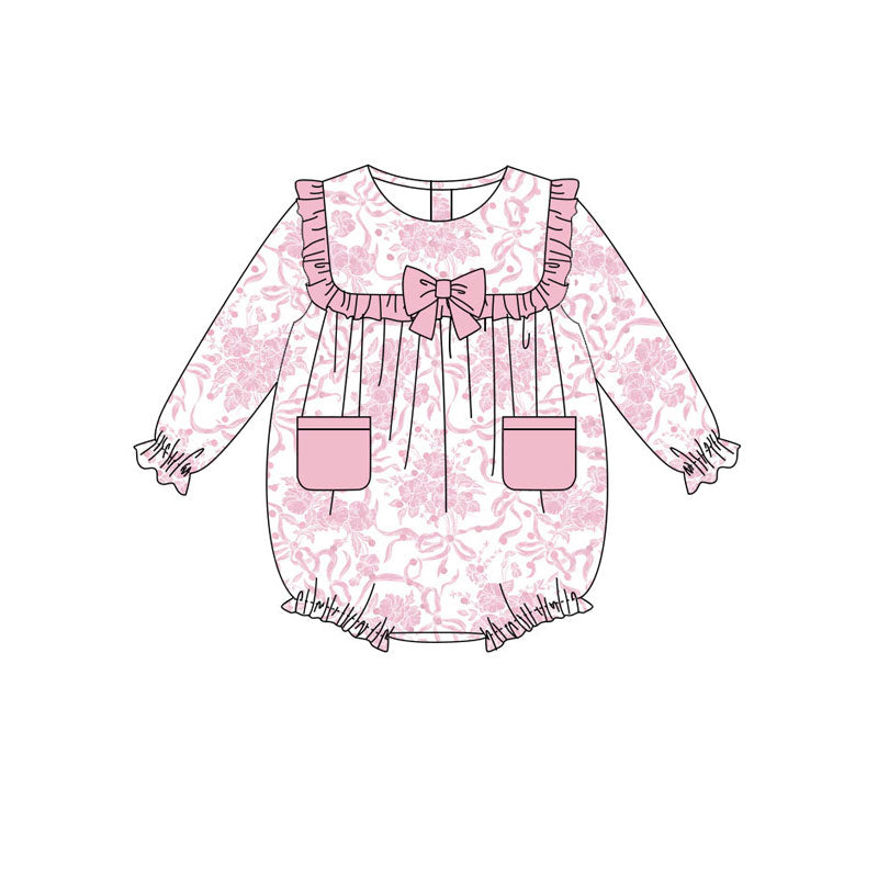 Preorder , 5 MOQ Baby Girls Pink Flowers Bow Print Long Sleeve Bubble