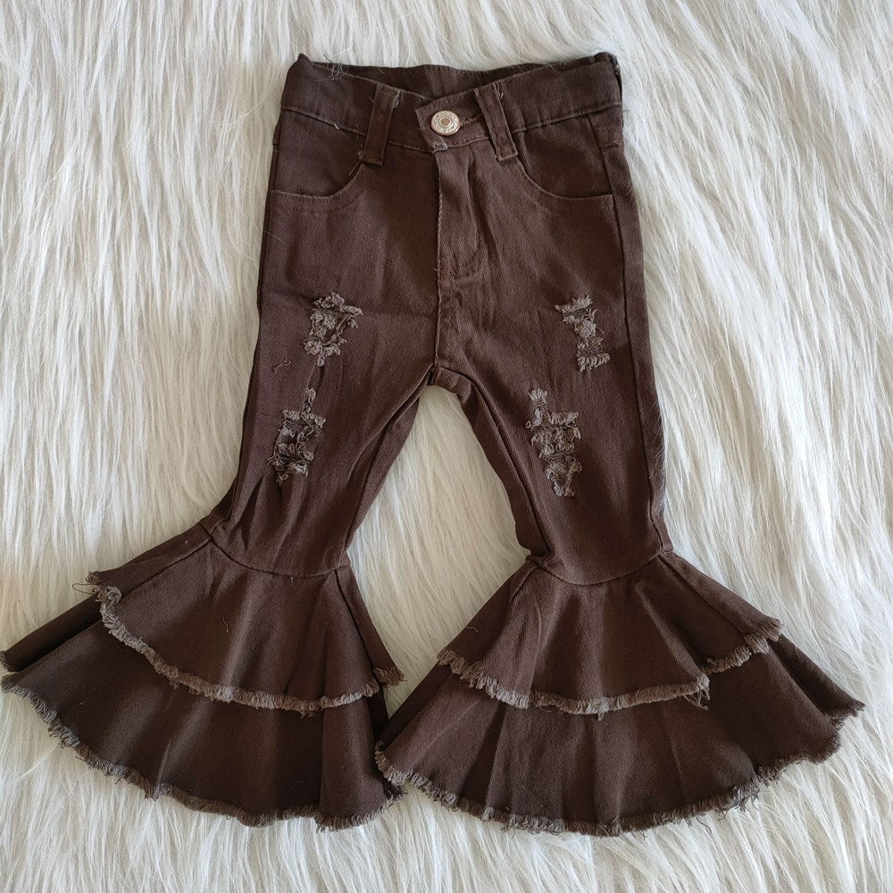 Brown Color Denim Double Ruffle Pants