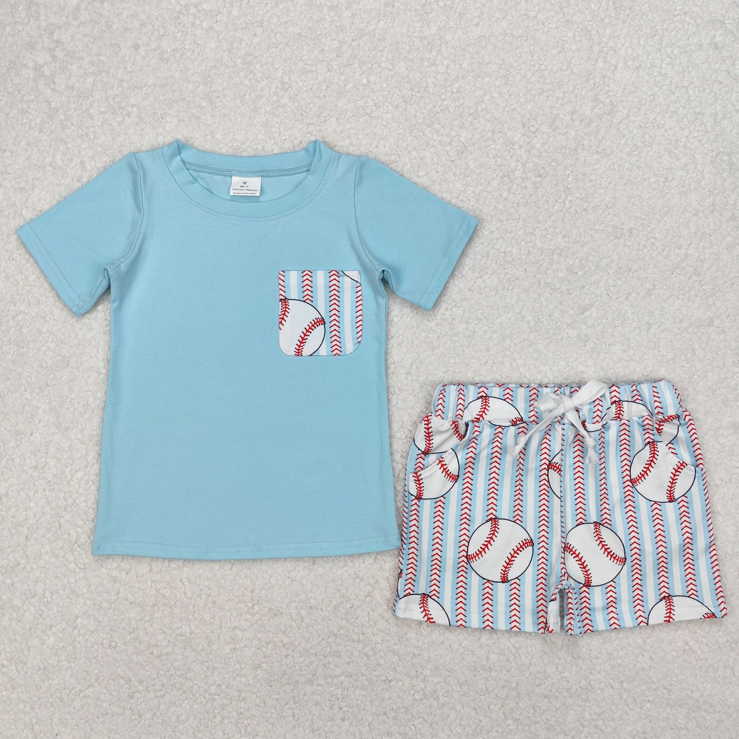 Baby Boys Blue Short Sleeves Pocket Top Stripe Baseballs Short Set