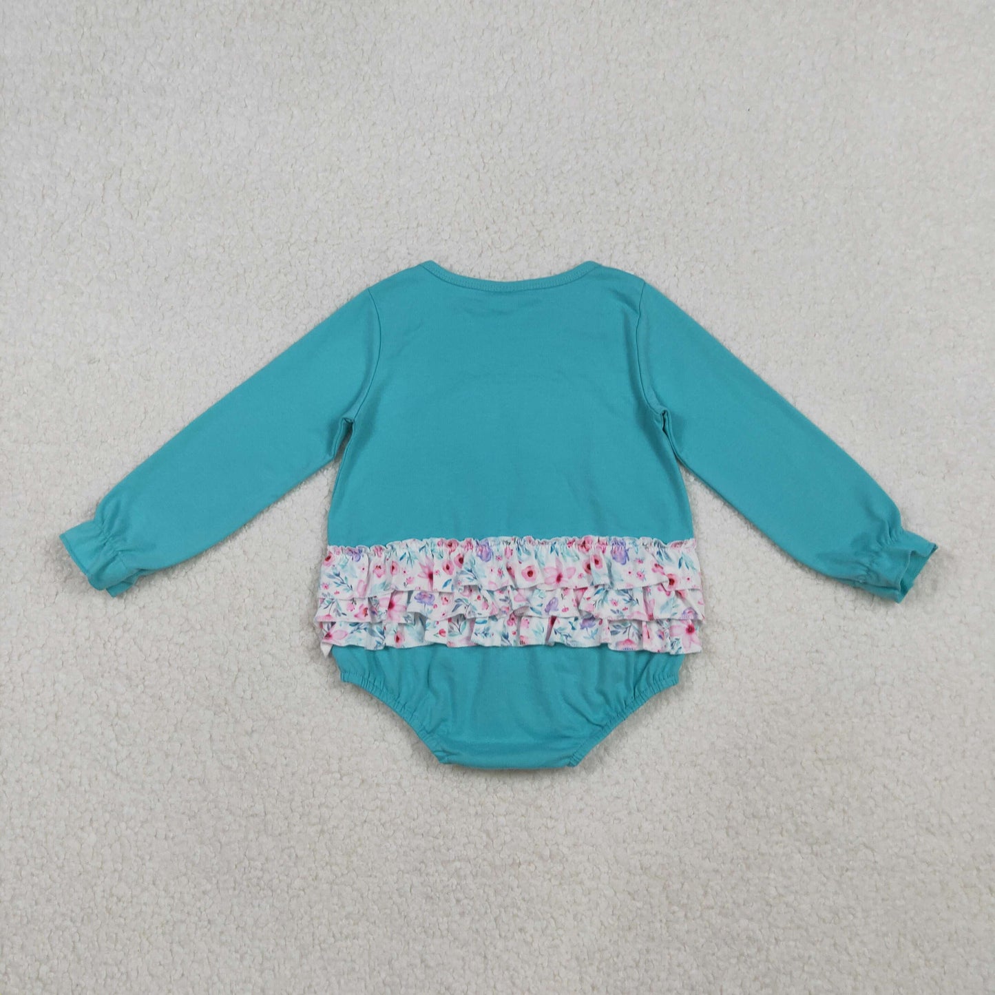 LR2432 Baby Girls Floral Bow Long Sleeve Bubble Romper With Ruffle On The Back