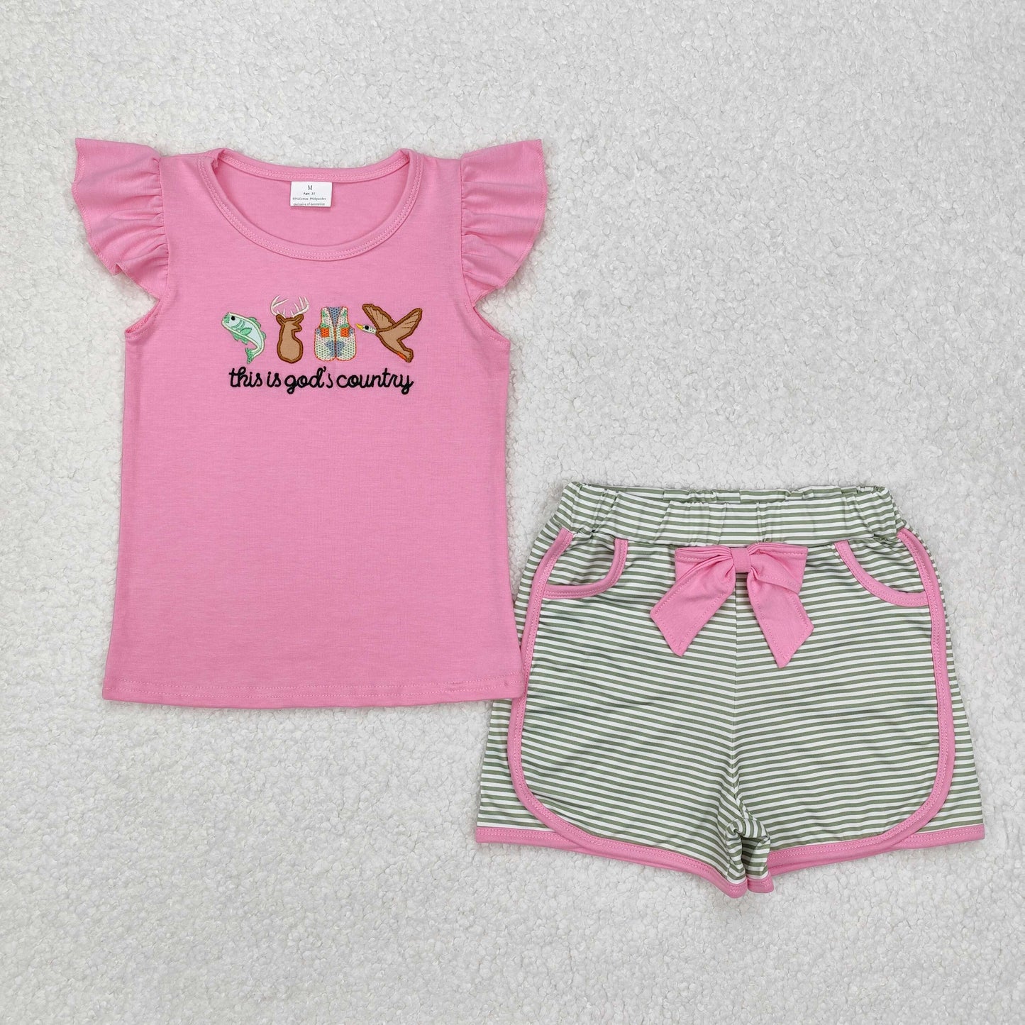 Baby Girls Embroidery God Country Hunting Shirt Bow Shorts Clothes Sets