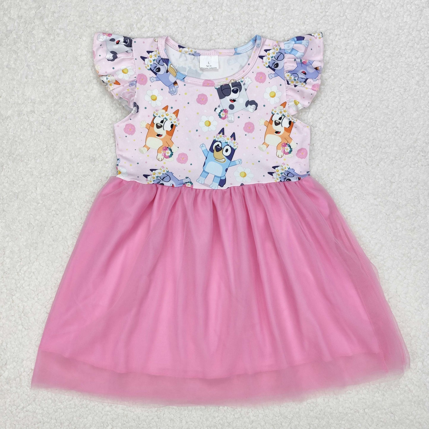 Baby Girls Pink Flutter Sleeves Cartoon Dogs Tulle Dresses