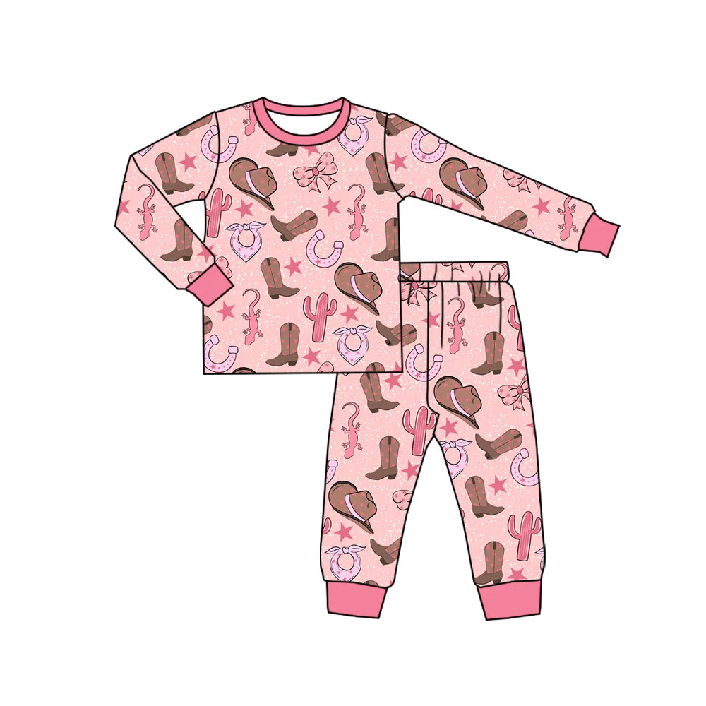 Preorder , 5 MOQ Baby Girls Western Boots Pink Long Sleeve Pajama Set