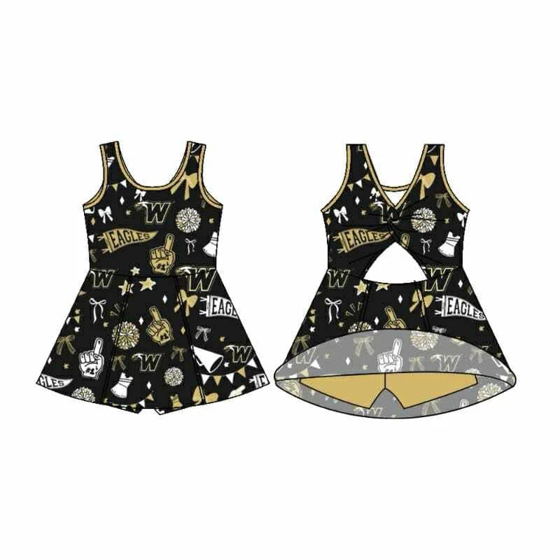 Preorder 5 MOQ Baby Girls Sleeveless Black Eagles Bows Football Team Shorts Dresses