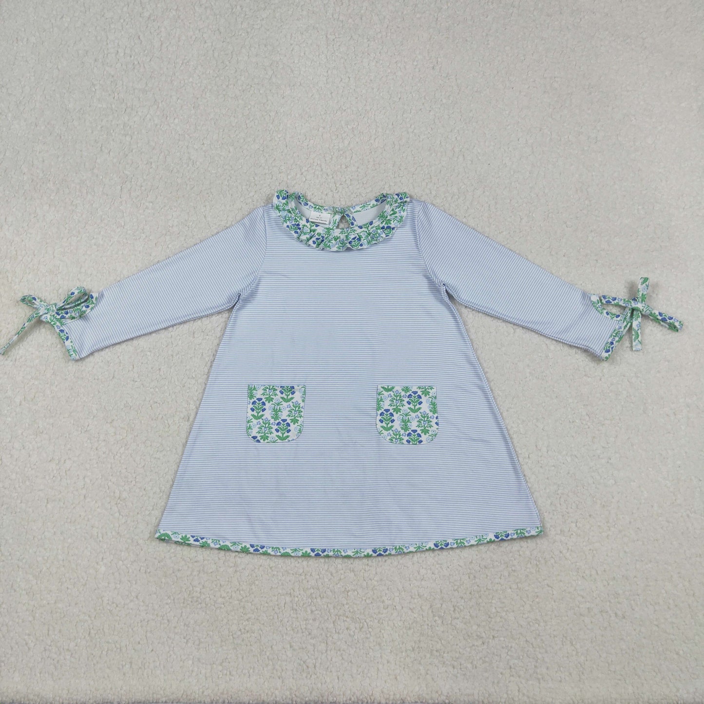 GLD0927 Baby Girls Floral Blue Striped Long Sleeve Dress