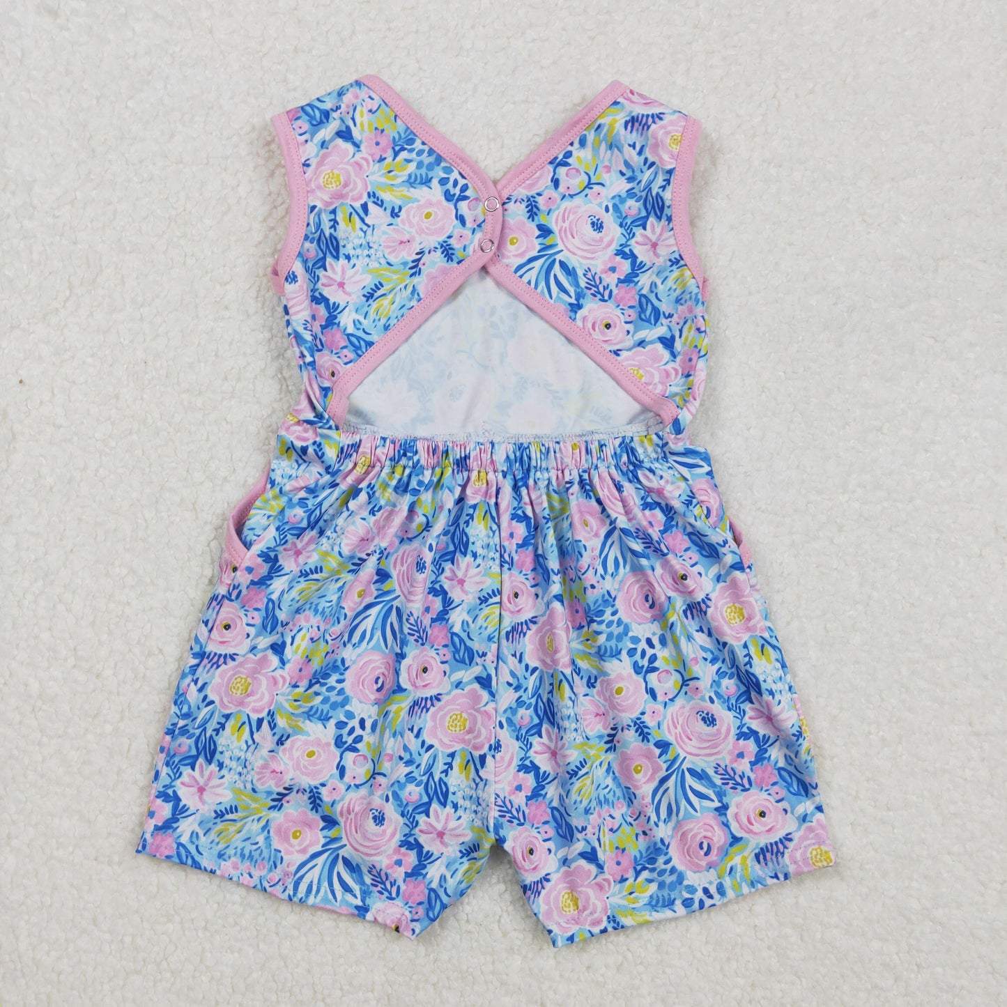 Baby Girls Lavender Sleeveless Watercolor Floral Print Bow Pockets Jumpsuits