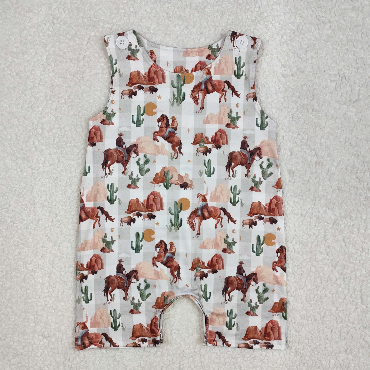 Baby Boys Aqua Plaid Sleeves Horse Rodeo Cactus Western Jonjon Romper