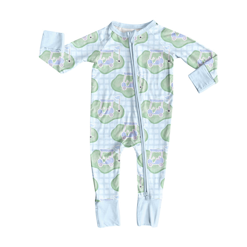 20 MOQ Preorder Baby Boys Golf Blue Long Sleeve Footed Bamboo Romper