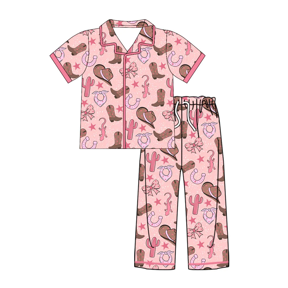 Preorder , 5 MOQ Baby Girls Western Boots Pink Short Sleeve Pajama Set