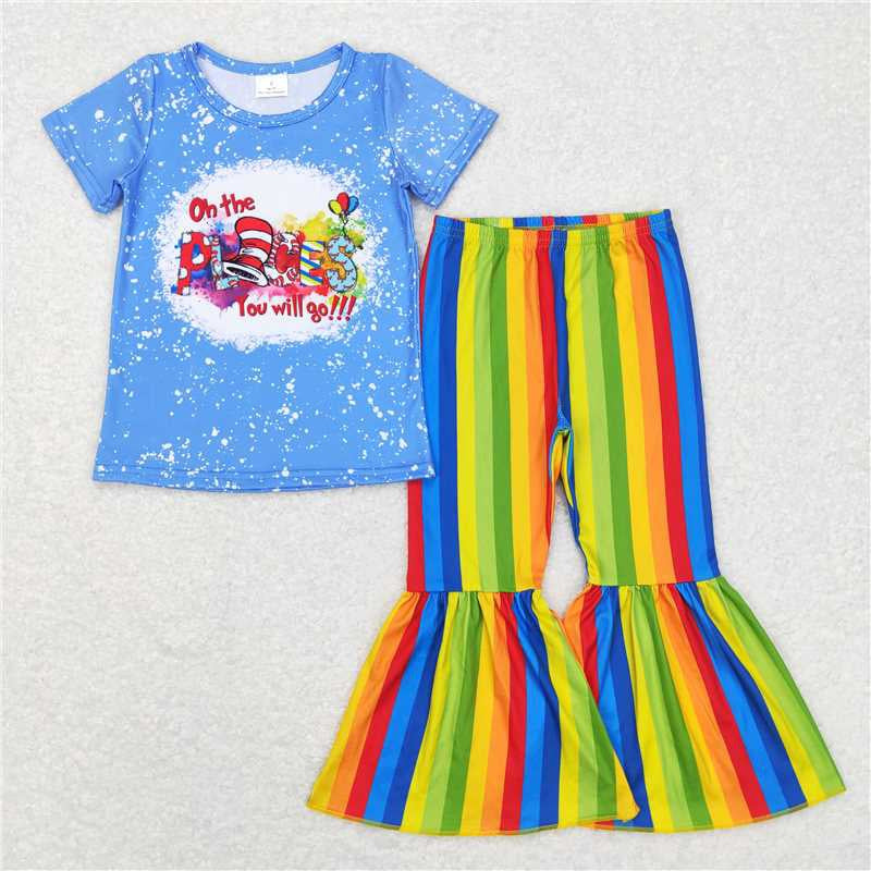 Baby Girls Blue Short Sleeves Dr Hat Top Colorful Stripe Bell Bottom Pant Set