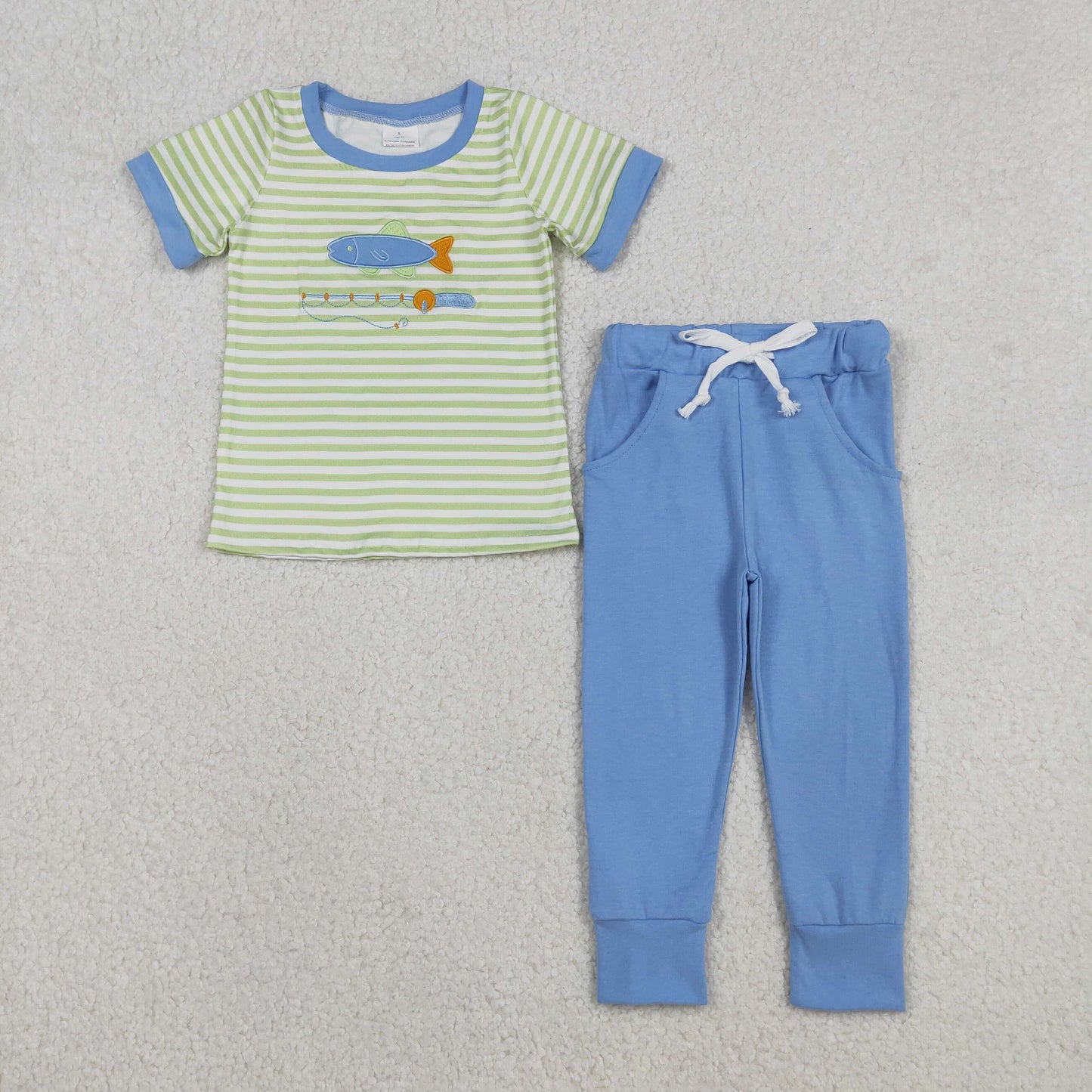BSPO0612 Baby Boys Fishing Striped Top Blue Jogger Set