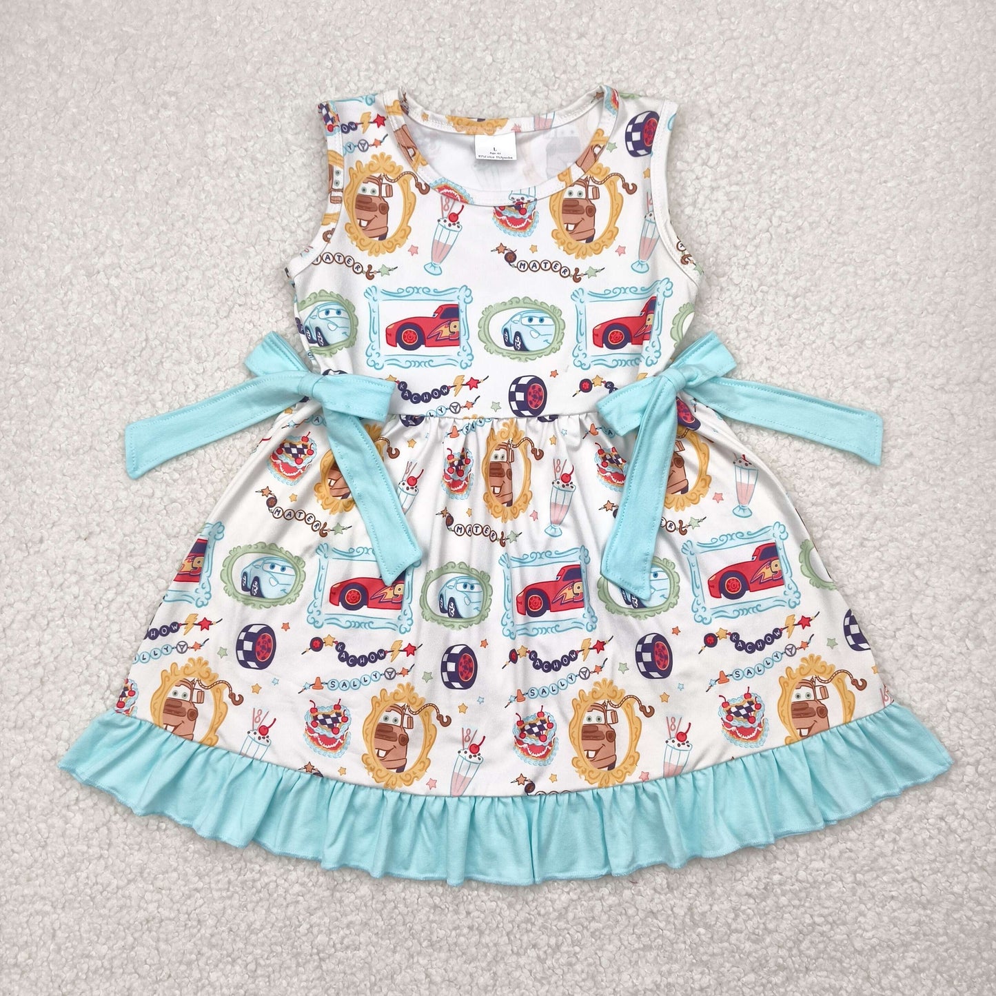 Baby Girls Sleeveless Aqua Bows Cartoon Cars Cakes Ruffle Dress