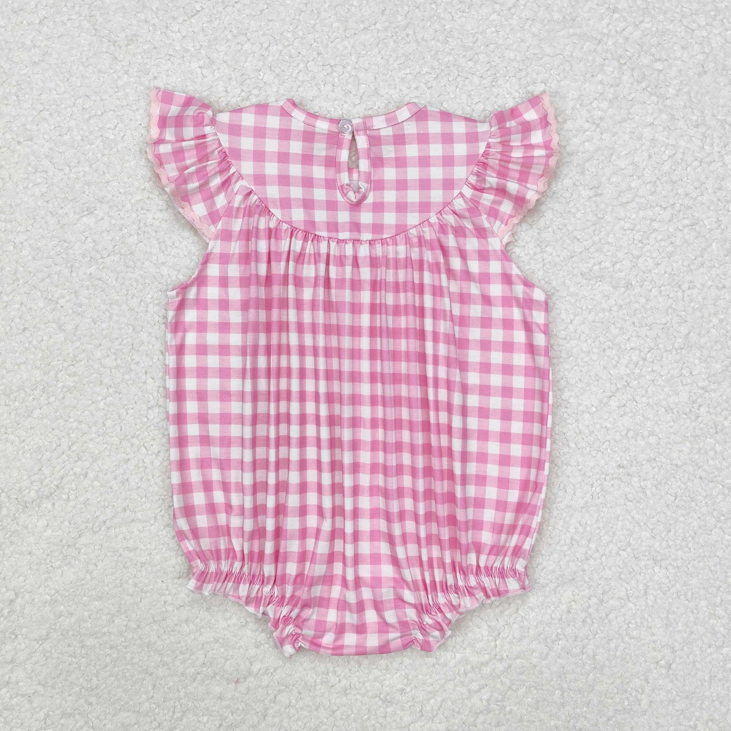 Baby Girls Easter Pink Plaid Embroidery Bunny Flutter Skeeves Rompers