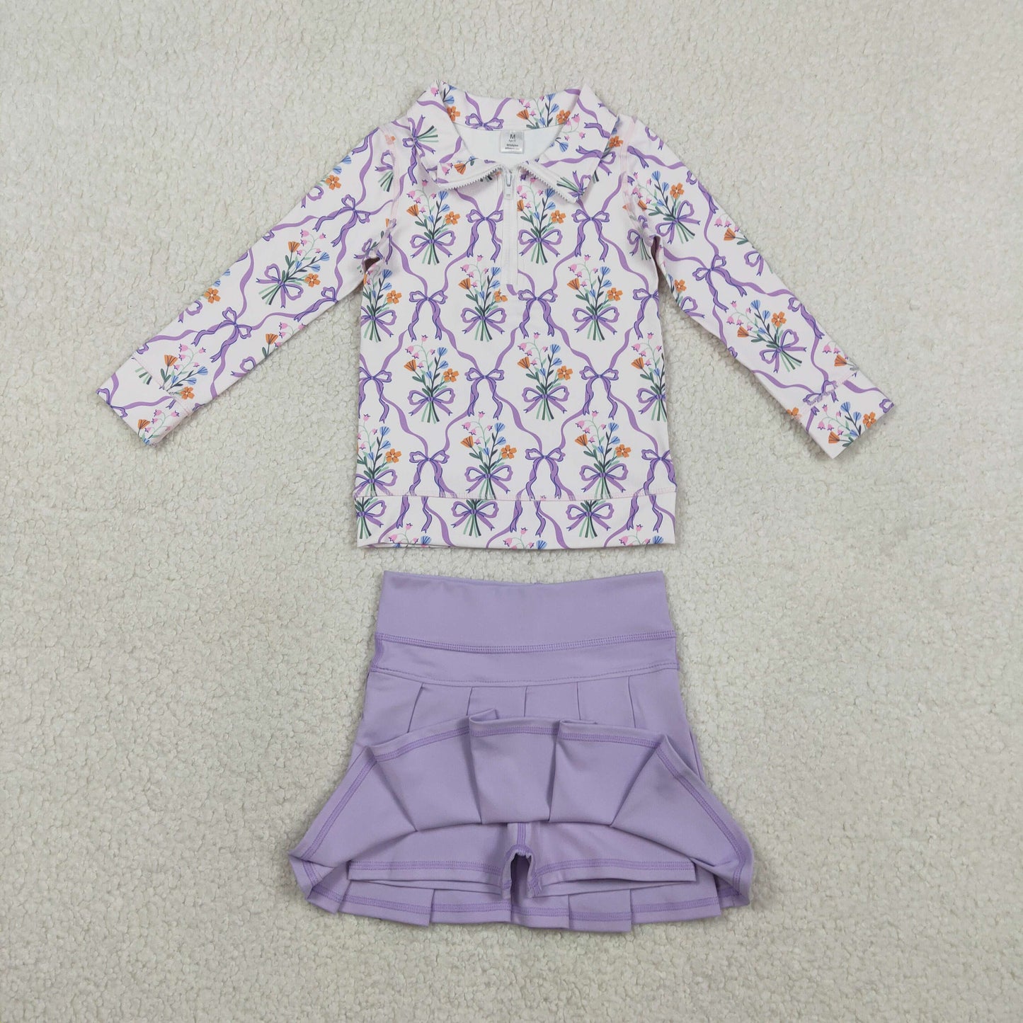 GLD1416 Baby Girls Purple Bow Pullover With Skort Active Set