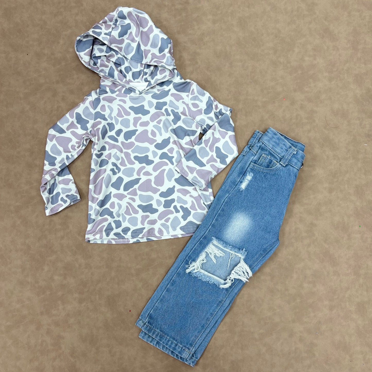 Baby Boys Old School camo Hoodie Top With Denim Pants Outfit