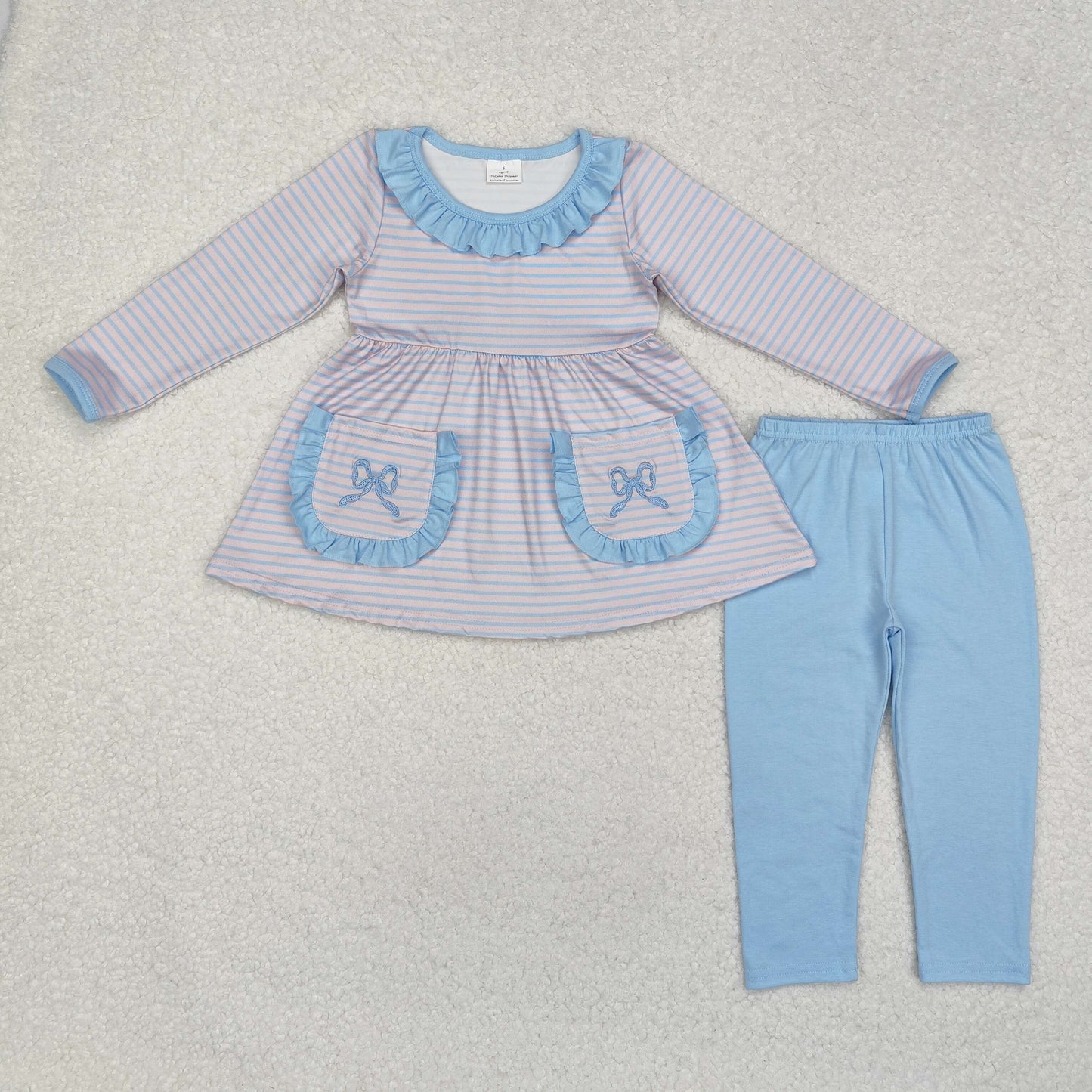 GLP1389 Baby Girls Blue Striped Top Bow Leggins Outfit