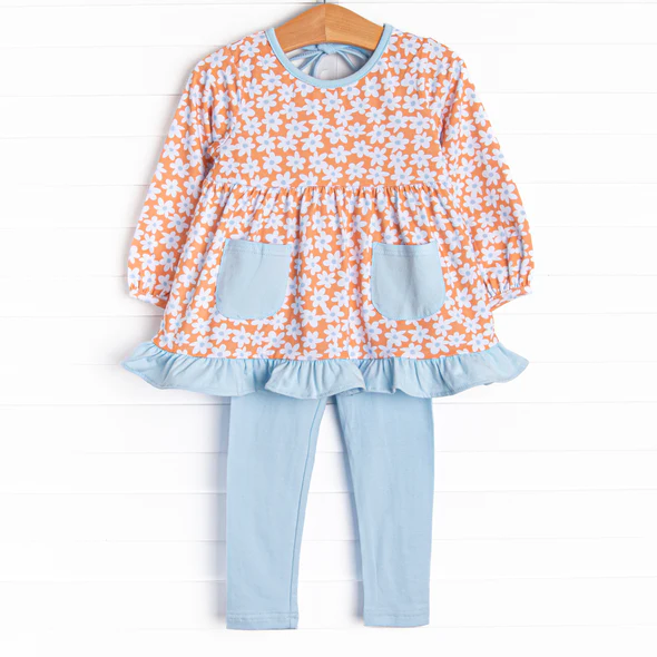 Baby Girls Long Sleeves Floral Blue Pockets Tunic Legging Pants Set Preorder 5 MOQ